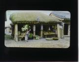 [Boy carrying cabbages on "Jigae" standing in front of thatched-roofed store]