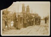 [Group of women marching through street for the 1913 suffrage hike]