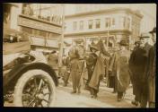 [Rosalie Gardner Jones (the "General") leading the Suffrage Hike down a city street]