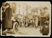 [Rosalie Gardner Jones (the "General") leading the Suffrage Hike down a city street]