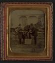 [Two men standing before a horse and cart]