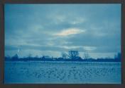 [Snowy field with houses in distance]