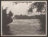 [Rapids through trees with bridge in distance]