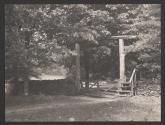 [Wooden gate and stone fence in forest]