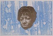 [A woman's head in front of hanging clothes]