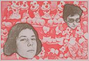 [Two heads in front of stuffed animals]