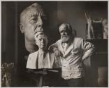 [Sculptor Jo Davidson with his sculptures of Henry Wallace and Franklin D. Roosevelt]