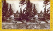 View on the Merced. Hutchings' Hotel and Bridge. Sentinel Rock in the distance.